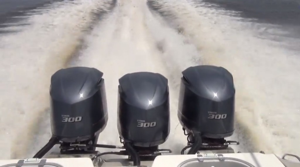Triple Yamaha F300 outboards in blastoff mode. 