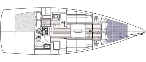 The interior plan is traditional and linear, with doubles fore and aft and a centerline table in the saloon.