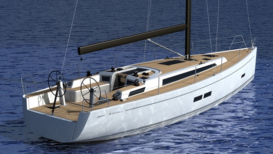 The new Grand Soleil 43 features twin wheels, sleek lines, and uncluttered decks.