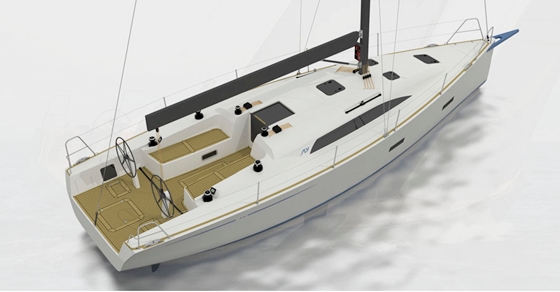 The Sly 38 has a large, open cockpit, a long cabin trunk, and a fixed bowsprit.