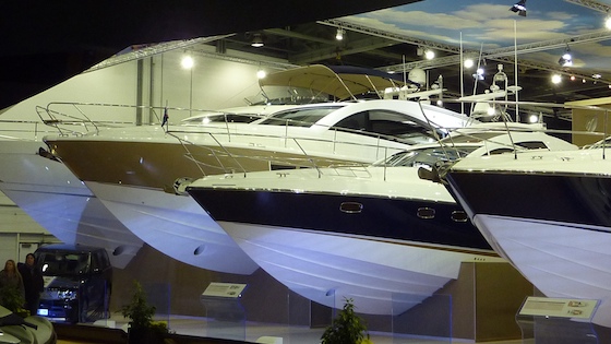 The new Targa 58 Grand Turismo (gold hull) lines up with other models by Fairline at the London International Boat Show.